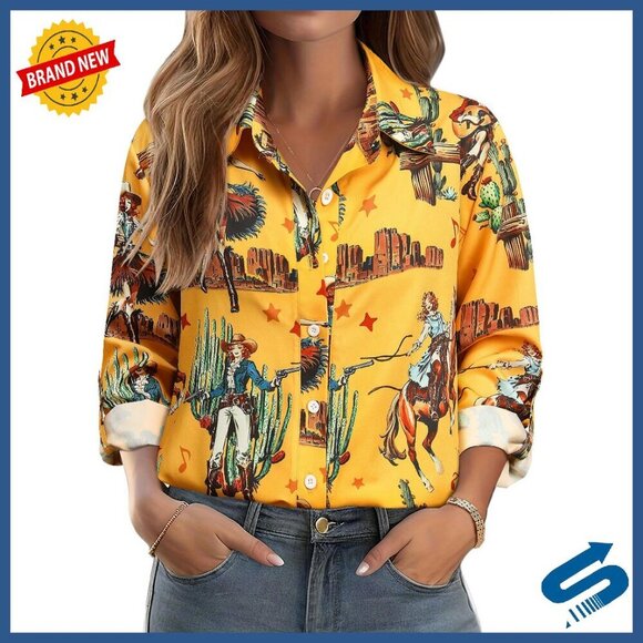 Tops - Women's Western Cowgirl Graphic Button Down Shirt 3/4 Sleeve Polyester